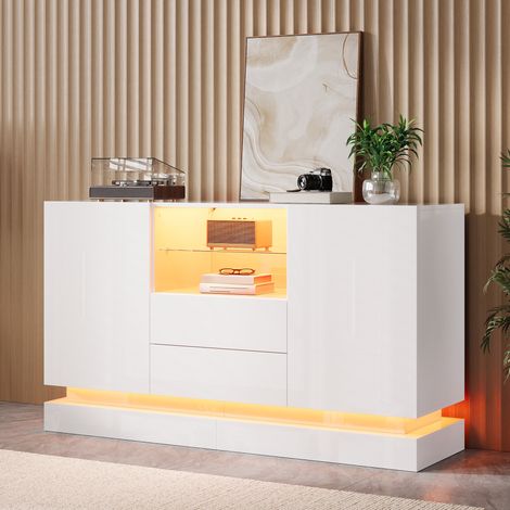 Aparador 140 cm con LED, 2 puertas y 2 cajones, acabado brillante, mueble moderno de almacenaje para salón y comedor, blanco (1/5)
