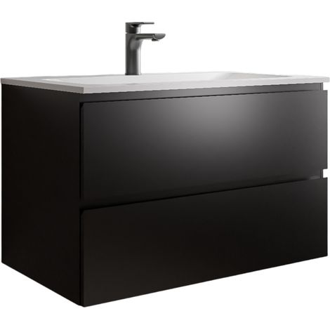 BERNSTEIN - Meuble vasque de salle de bain MDF Noir mat avec lavabo fonte minérale Blanc mat - 80x45,6x50cm - AVA BRUXELLES - Noir mat, Blanc mat avec trou pour robinetterie