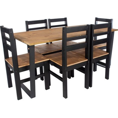 Texas Rectangular Dining Table with Metal Legs and 6 Linea Ladder Back Chairs - Black/Antique Waxed Pine - Flat Packed