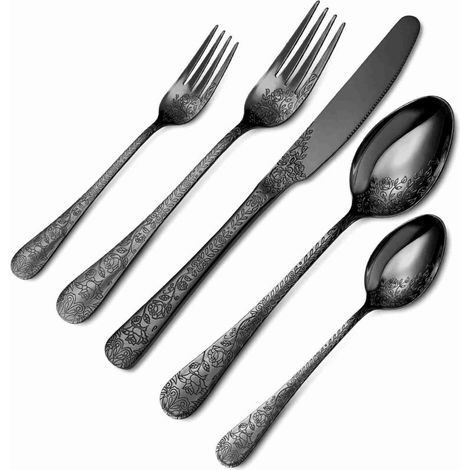 Vtizikl Ensemble de couverts noirs sculptés 20 pièces, style vintage floral, avec cuillère, fourchette, couteau, pour la cuisine à domicile (1/4)