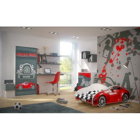 Viva – Chambre d'enfant complète lit voiture 150 x 75 cm – Commode 80 x 80 x 40 cm – Mélaminé haute densité – Matelas mousse 140 x 70 x 6 cm