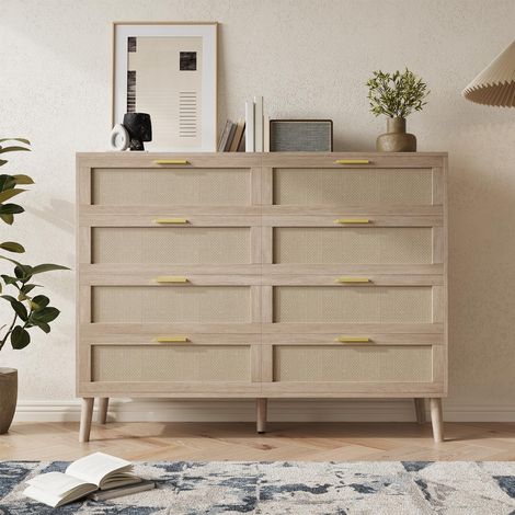 Commode 8 Tiroirs en Rotin Naturel – Commode de Ferme avec Pieds Renforcés et Poignées Dorées pour Chambre, Salon, Entrée (Chêne) (1/5)