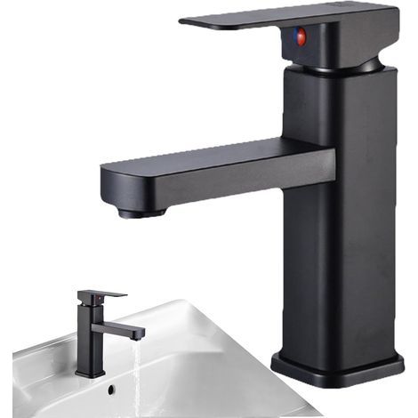 Einloch-Waschtischarmatur mit quadratischem Abfluss – Robuste Edelstahl-Badarmatur mit mattschwarzem Keramikkern für Bad und Küche, inklusive 60 cm Schlauch (1/5)