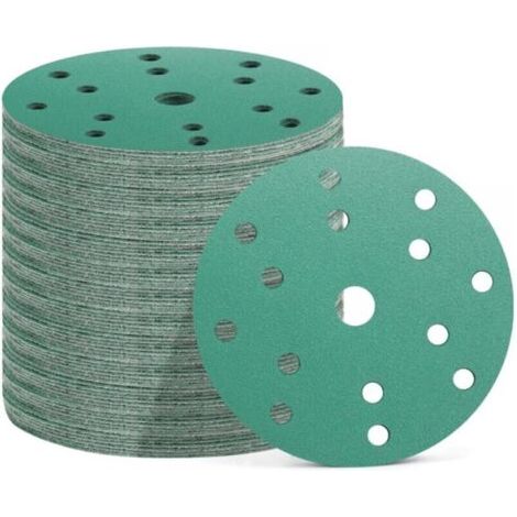 50 Pièces Disques Abrasifs 150 mm, 15 Trous, 10x Grain 60/80/120/180/400, Papier Poncage pour Ponceuse Excentrique (Vert) (1/5)