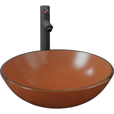 vidaXL Lavabo de baño grifo y desagüe de empuje vidrio templado marrón (1/2)