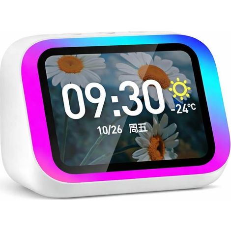 Réveil connecté AI enceinte Bluetooth 5.4 stéréo Hi-Fi écran tactile RGB appel mains libres prévisions météo (Blanc) (1/5)