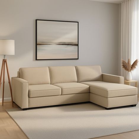 Dmora - Sofá fijo Dgodea, Sofá de esquina, 100% Made in Italy, Sofá Salón con, Península contenedor derecha, con reposabrazos delgados, Cm 260x95h90, Beige (1/5)