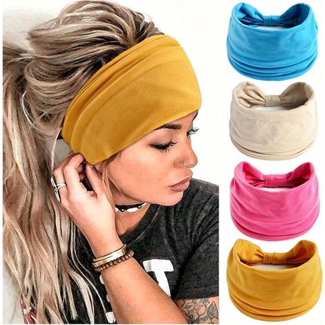 Lot de 4 bandeaux larges élastiques – Bleu, beige, jaune, rose – Doux – Yoga, sport – Adultes et ados (1/5)