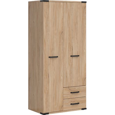 Armoire placard de rangement 2 portes et 2 tiroirs coloris Frêne / Noir - Longueur 90 x Profondeur 56 x Hauteur 197,5 cm (1/5)
