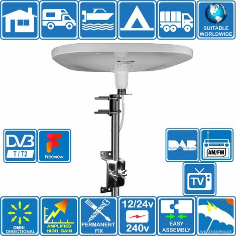 Antenne TNT HD amplifiée omnidirectionnelle 32dB – Boîtier étanche ASA – 360° de réception pour camion, caravane, bateau – M-E