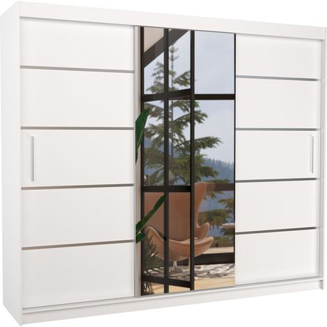 Les Tendances – Armoire de chambre 3 portes coulissantes – Largeur 250 cm – Façade en bois blanc mat et miroir – Aménagement intérieur avec penderie et étagères réglables (1/5)