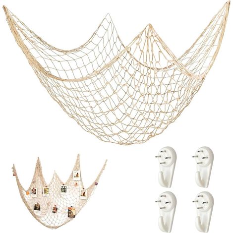 Filet de Pêche Décoratif 200 x 150 cm en Coton avec 4 Crochets, Décoration Murale Maritime pour Mariages Fêtes et Événements, Intérieur et Extérieur (1/5)