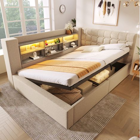 Letto con contenitore in tessuto lino beige 140x190 cm con LED, testiera a L reversibile, rete a doghe inclusa (1/5)