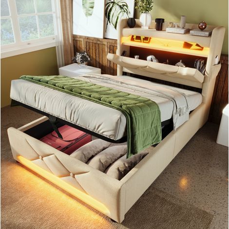 Bett 90x200 cm Beige aus Leinen mit LED-Beleuchtung, USB-C-Ladefunktion und Matratze (1/5)