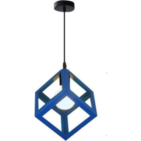 Lustre Suspension Contemporain en Cage Cube Carré Fer Luminaire E27 Salon Cuisine Chambre - Bleu