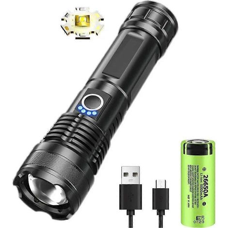Lampe torche puissante Lep rechargeable USB, zoomable, lampe torche d'urgence, projecteur ultra-lumineux, longue portée, lanterne tactique de camping (1/5)