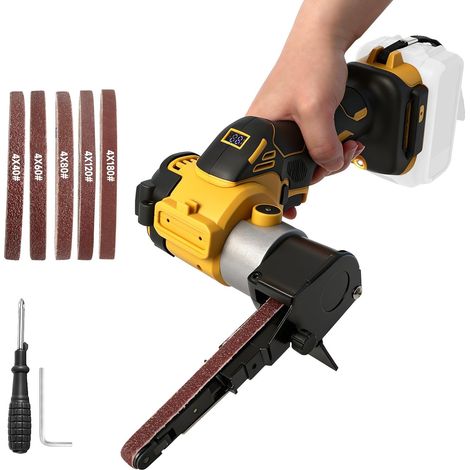 Ponceuse à bande sans fil compatible avec batterie 20V, meuleuse à bande sans balais réglable à 360° de 0-13000 tr/min avec 20 bandes abrasives pour bois, métal, plastique (jaune) (1/5)