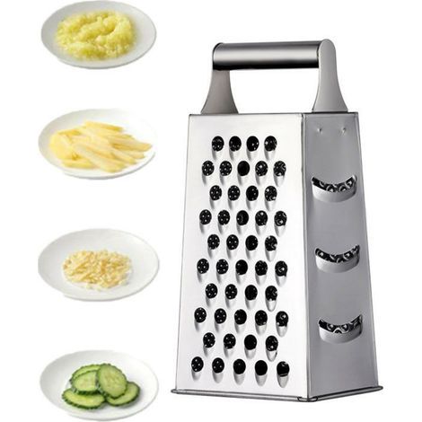Rallador de acero inoxidable de cuatro caras: rallador de cocina para rallar grueso y fino frutas, verduras, zanahorias y queso apto para lavavajillas (plateado). (1/5)
