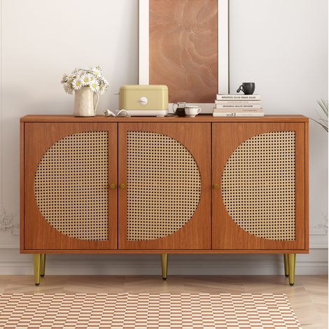 FLORAGRACE Sideboard 3 portes avec décor tressé, buffet en bois foncé, poignées et pieds métal, meuble de rangement moderne pour salon, chambre, bureau (1/5)