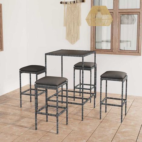 Ensemble Table de bar + 4 Chaises de bar de jardin - Table Haute avec 4 Tabourets et coussins Résine tressée Gris BV105632 - BonneVie (1/5)