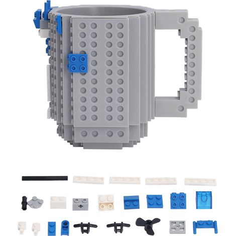 Tasse à café empilable 400ml en briques de construction, DIY pour enfants et adultes, cadeau d'anniversaire, couleur gris. (1/5)