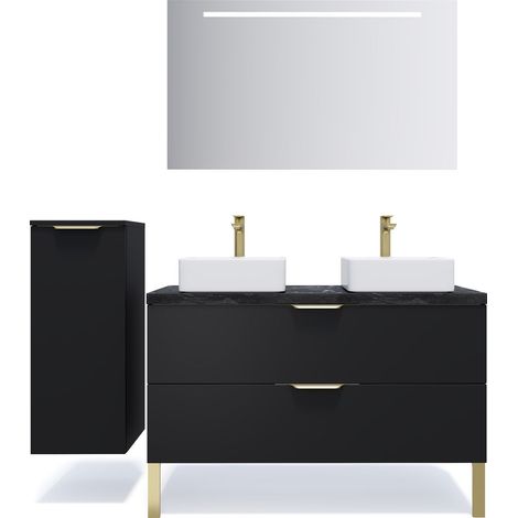 Meuble de salle de bain suspendu 2 vasques à poser 120cm 2 tiroirs Noir + miroir + colonne ouverture gauche - Venice (1/5)