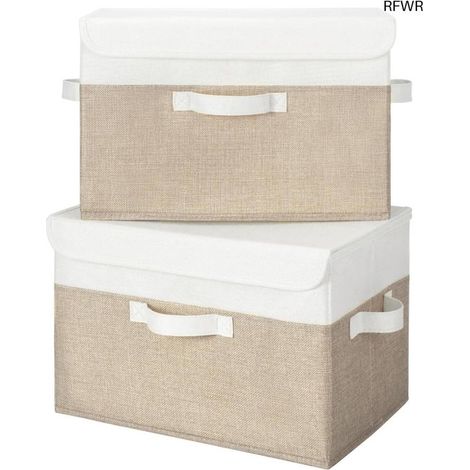 Aufbewahrungsboxen mit Deckel – Aufbewahrungsboxen-Set – Kleideraufbewahrung – Faltbar – 2-teilig – Weiß/Khaki (1/5)