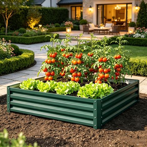 Carré potager surélevé 120x120x30 cm - bac de culture carré en acier galvanisé pour légumes, herbes et fleurs - Vert foncé (1/5)
