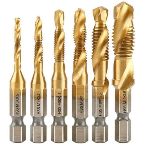6pcs Thread Tap, Tap Drill Bit, M3-M10 Metric Thread Tap with HSS Titanium Coating and 1/4" Hex Fluted Shank Tapping Bits for Tapping Various LO-Ron Threads (1/5)