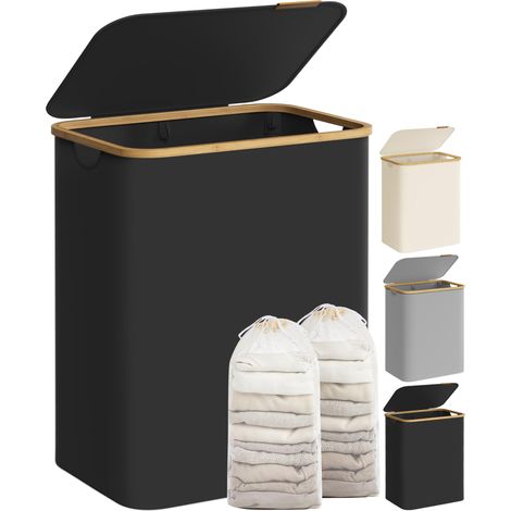 Panier à Linge avec Couvercle à 2 Compartiments, 130L, Sac Amovible, Tissu Oxford, Poignées en Bambou, Pliable, 52 x 38,5 x 70,5 cm, Noir d'Encre LCB513B01 (1/5)