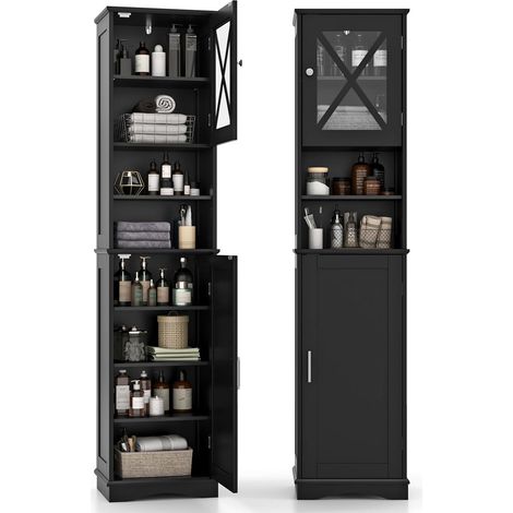 GOPLUS Armoire Haut de Rangement de Salle de Bain, Porte en Acrylique et Étagères Réglables, 2 Compartiments Ouverts, Meuble Rangement pour Salle de Bain, Salon, 40 x 30 x 170,5cm (Noir)