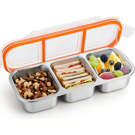 Snackbox mit 3 Fächern und auslaufsicherem Deckel, wiederverwendbar, Edelstahl, ideal zum Aufbewahren von Lebensmitteln, Mittagessen oder Snacks. (1/5)