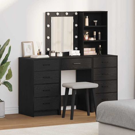 Schminktisch mit Spiegelbeleuchtung 3 pcs Schwarz Holzwerkstoff