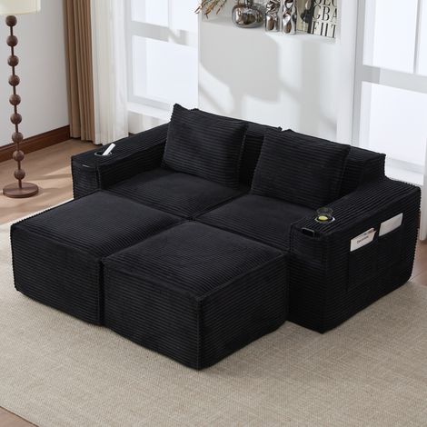Sofa modulare a 2 posti in corda con 2 sgabelli, portabicchieri, tasche laterali: molle e schiuma ad alta densità – stabile, confezionato in modo compresso, senza montaggio. Ideale per soggiorni e app (1/5)