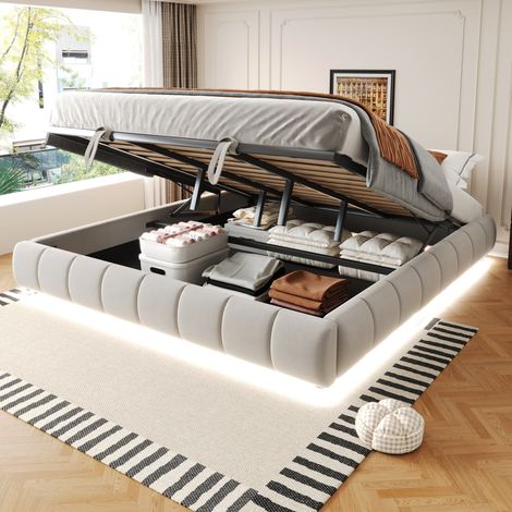 letto contenitore 180x200 LED idraulico beige OKMYHOME (1/5)