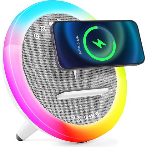 Lampada di ricarica wireless, Sveglia con caricabatteria a induzione, Altoparlante Bluetooth con illuminazione ambientale sincronizzata con la musica, Sveglia digitale, per letto/soggiorno [Classe ene (1/5)
