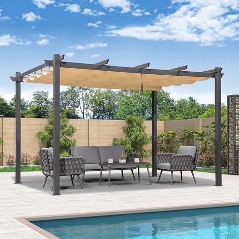 PURPLE LEAF Pergola Aluminium pour Terrasse Extérieur, Toit Coulissante, Pavillon De Jardin, 4 x 3.2 m, Beige