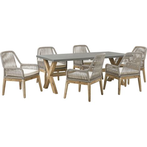 Conjunto de jardín mesa de cemento reforzado gris 6 sillas mimbre de propileno beige moderno Olbia