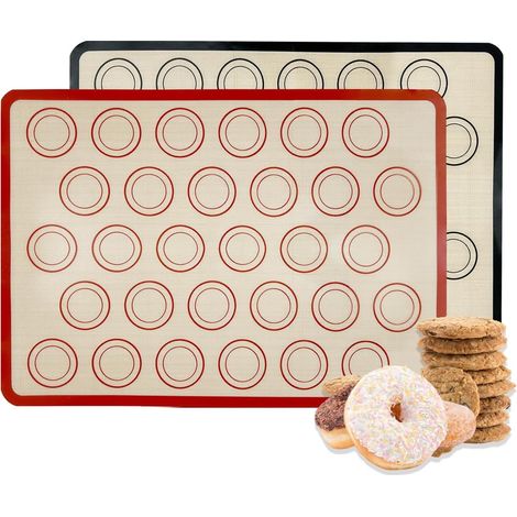 2 Silicone Macaron Baking Mats - Non-Stick, Non-Slip, Reusable Silicone Baking mats for Macarons, Biscuits, Bread and Pizza (Grey and red) (1/5)