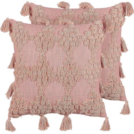 Set of 2 Decorative Cushions TORENIA Cotton 45 x 45 cm Pink Geometric Pattern