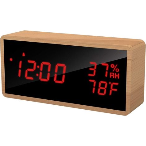 Réveil Électronique, Réveil Numérique en Bois avec 3 Réglages d'Alarme et Contrôle Sonore, Horloge Numérique Alimenté par USB avec Affichage LED Rouge de l'Heure, de la Température et de l'Humidité (1/5)