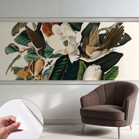 Papier peint adhésif décoratif avec colle pour salon chambre et bureau Installation rapide Oiseaux et magnolias 250x104 cm (1/5)
