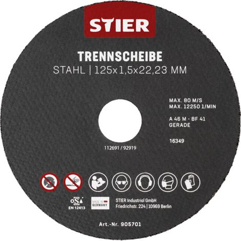 Disques à tronçonner STIER, acier, 125 x 1,5 x 22,23, forme 41, droits, 25 pièces 25 pièces