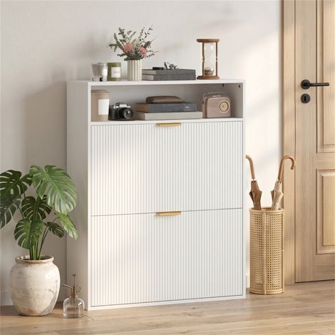 Meuble à Chaussures Slim Blanc - 80x24x102.5cm - Commode Entrée 2 Portes Abattantes avec Étagère Rangement - Blanc (1/5)