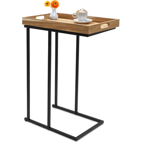 Sofa Beistelltisch in C-Form schwarz – 60 x 45 cm – Deko Tisch mit abnehmbarem Holz Tablett