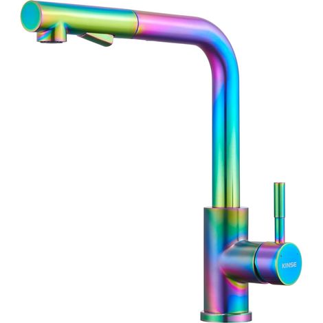 Rubinetto da cucina con doccetta estraibile, miscelatore da cucina in acciaio inox, monocomando, 2 getti, girevole a 360°, multicolore. (1/5)