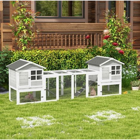Conejera exterior combinable 259 x 64 x 92 cm con rampa, blanco y gris DESVIAE (1/5)