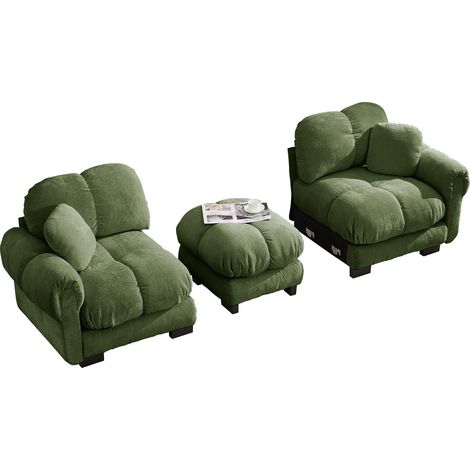Divano angolare modulare a L in ciniglia verde 2 posti con pouf mobile e cuciture trapuntate (1/5)