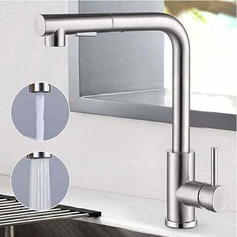 Kitchen Sink Tap with Pull Out Spray, Kitchen Faucet Mixer with 2 Water Modes Stream and Spray, Single Handle Stainless Steel, 360 Swivel Kitchen Sink Mixer Tap (Brushed Nickel) (1/5)