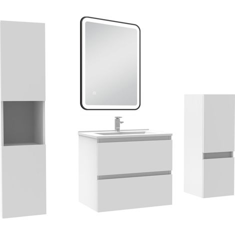 Ocean Meuble salle de Bain 60cm avec colonne + miroir mural lumineux 3 couleurs blanc
